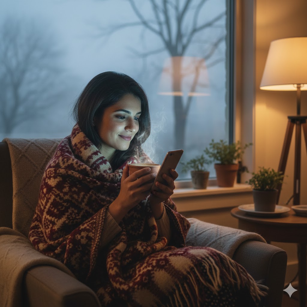 ठंडी शाम में चाय के साथ पुरानी यादों में खोई महिला, मोबाइल स्क्रीन पर दोस्त से बातचीत