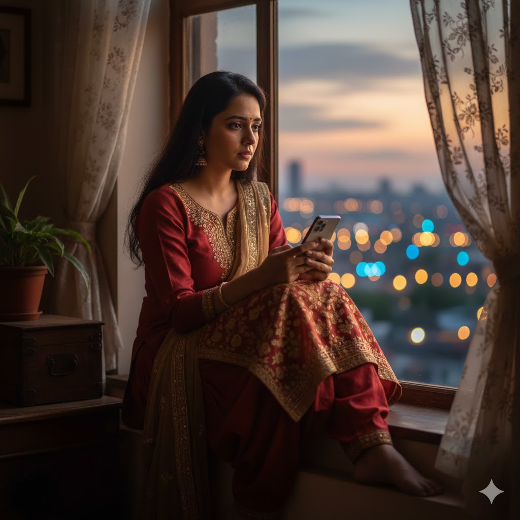 इंतज़ार में डूबी प्रेमिका, जो अपने प्रिय की याद में खिड़की के पास बैठी है