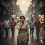 सड़क पर अपमानित खड़ी एक रोती हुई युवती, पृष्ठभूमि में धुंधला शहर और भावुक माहौल