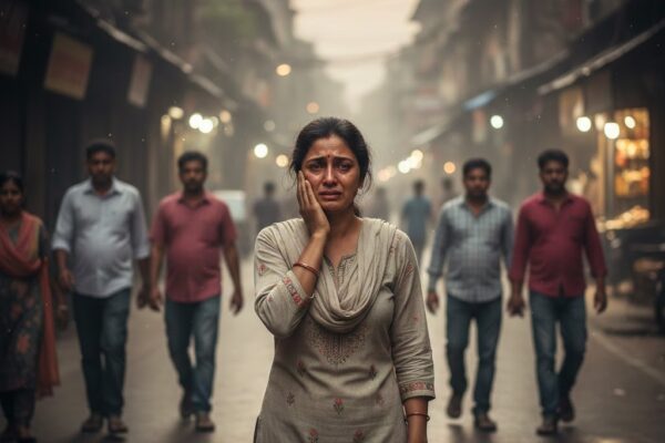 सड़क पर अपमानित खड़ी एक रोती हुई युवती, पृष्ठभूमि में धुंधला शहर और भावुक माहौल