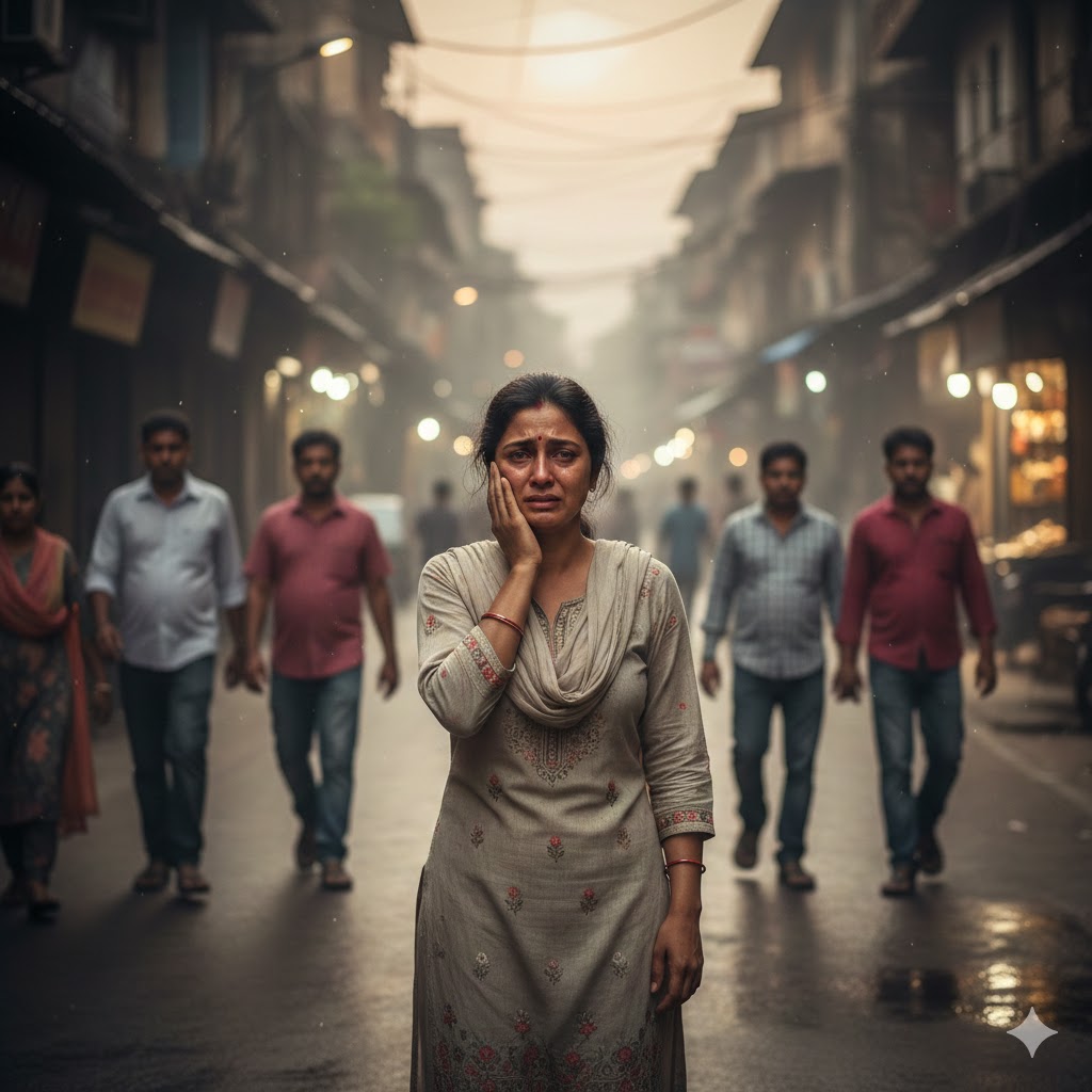 सड़क पर अपमानित खड़ी एक रोती हुई युवती, पृष्ठभूमि में धुंधला शहर और भावुक माहौल