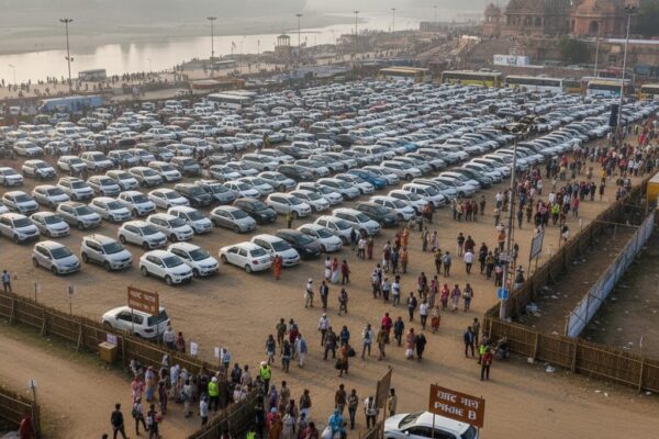 सिंहस्थ मेले में उज्जैन के नदी घाट के पास विशाल पार्किंग क्षेत्र और श्रद्धालुओं की भीड़