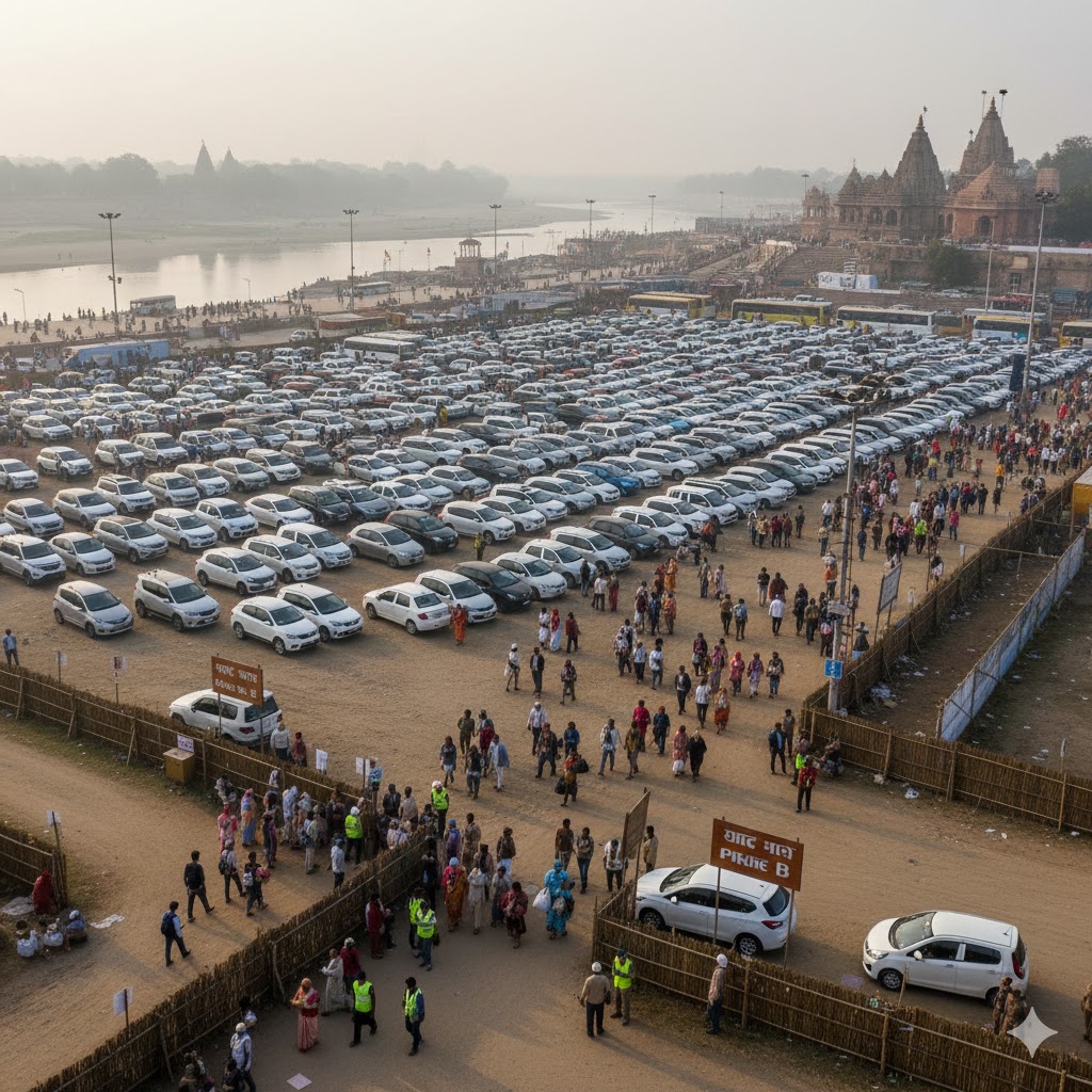 सिंहस्थ मेले में उज्जैन के नदी घाट के पास विशाल पार्किंग क्षेत्र और श्रद्धालुओं की भीड़