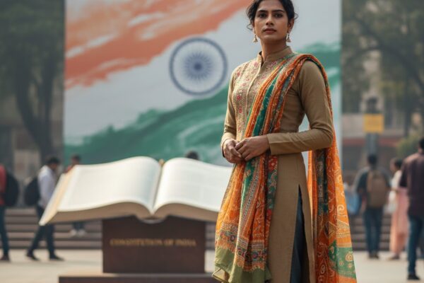 भारतीय ट्रांसजेंडर व्यक्ति आत्मविश्वास के साथ खड़ा, पृष्ठभूमि में संविधान की प्रतीकात्मक छवि
