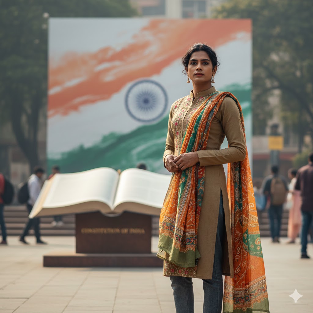 भारतीय ट्रांसजेंडर व्यक्ति आत्मविश्वास के साथ खड़ा, पृष्ठभूमि में संविधान की प्रतीकात्मक छवि