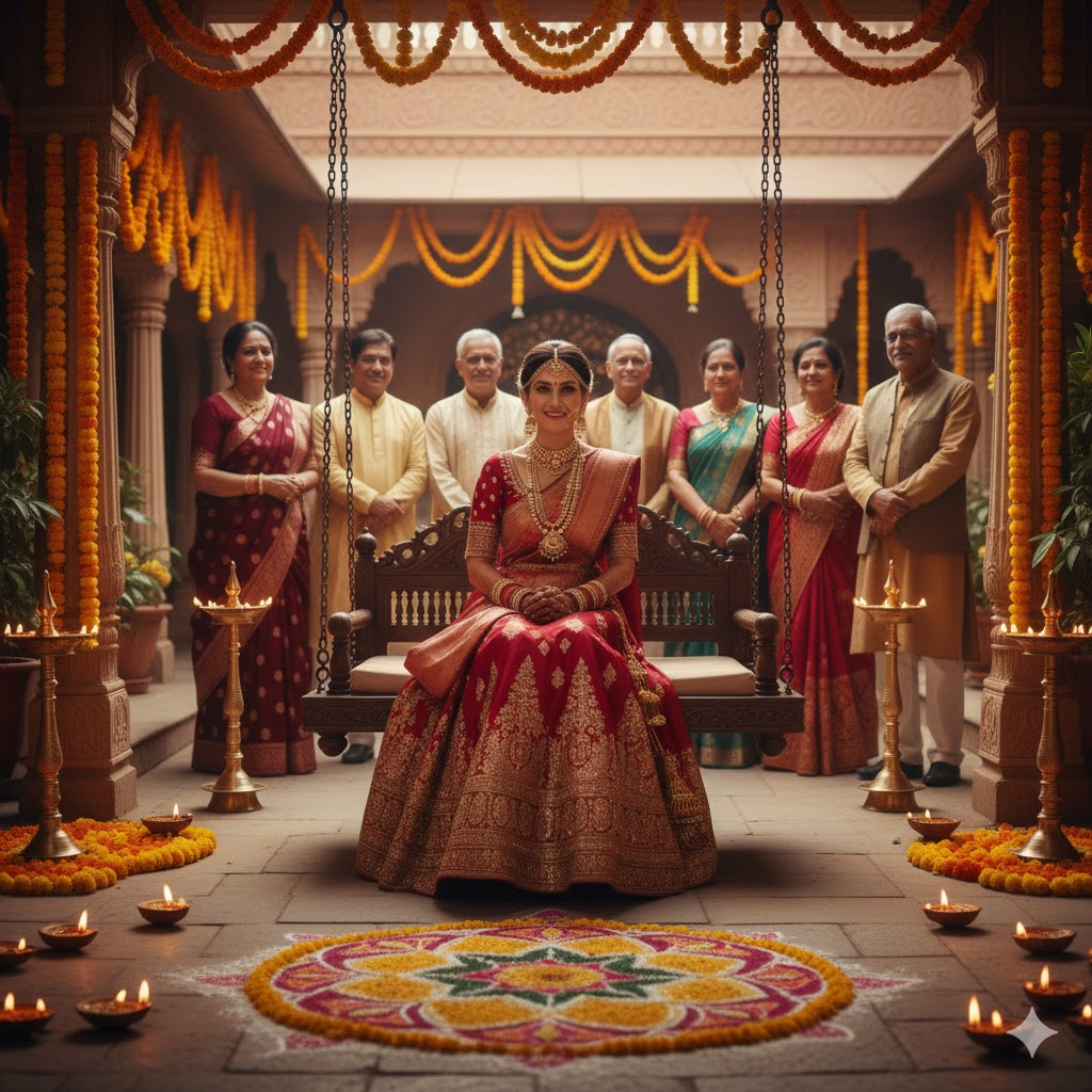 भारतीय विवाह में पारंपरिक परिधान में सजी दुल्हन