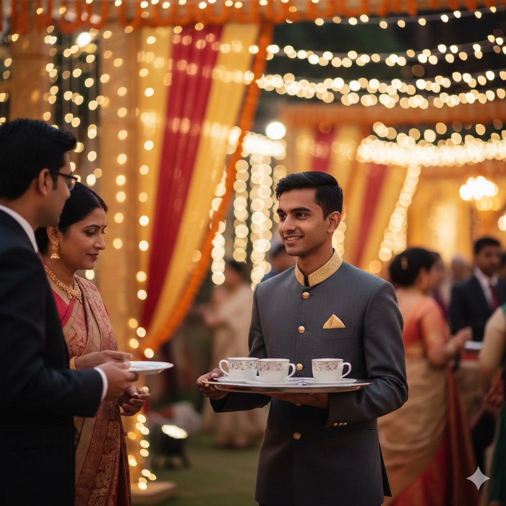 वैवाहिक समारोह में पार्ट टाइम काम करता होटल मैनेजमेंट का मेहनती युवा