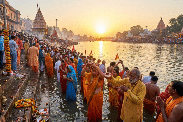 रामघाट उज्जैन में हिंदू नववर्ष पर सूर्य को अर्घ्य देते श्रद्धालुओं की भीड़ AI IMAGE