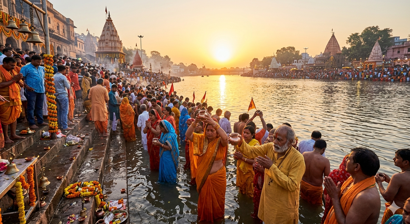 रामघाट उज्जैन में हिंदू नववर्ष पर सूर्य को अर्घ्य देते श्रद्धालुओं की भीड़ AI IMAGE