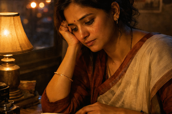 डायरी पर लिखी हिंदी ग़ज़ल के पन्नों पर गिरते आँसू, रात की हल्की रोशनी में भावुक माहौल