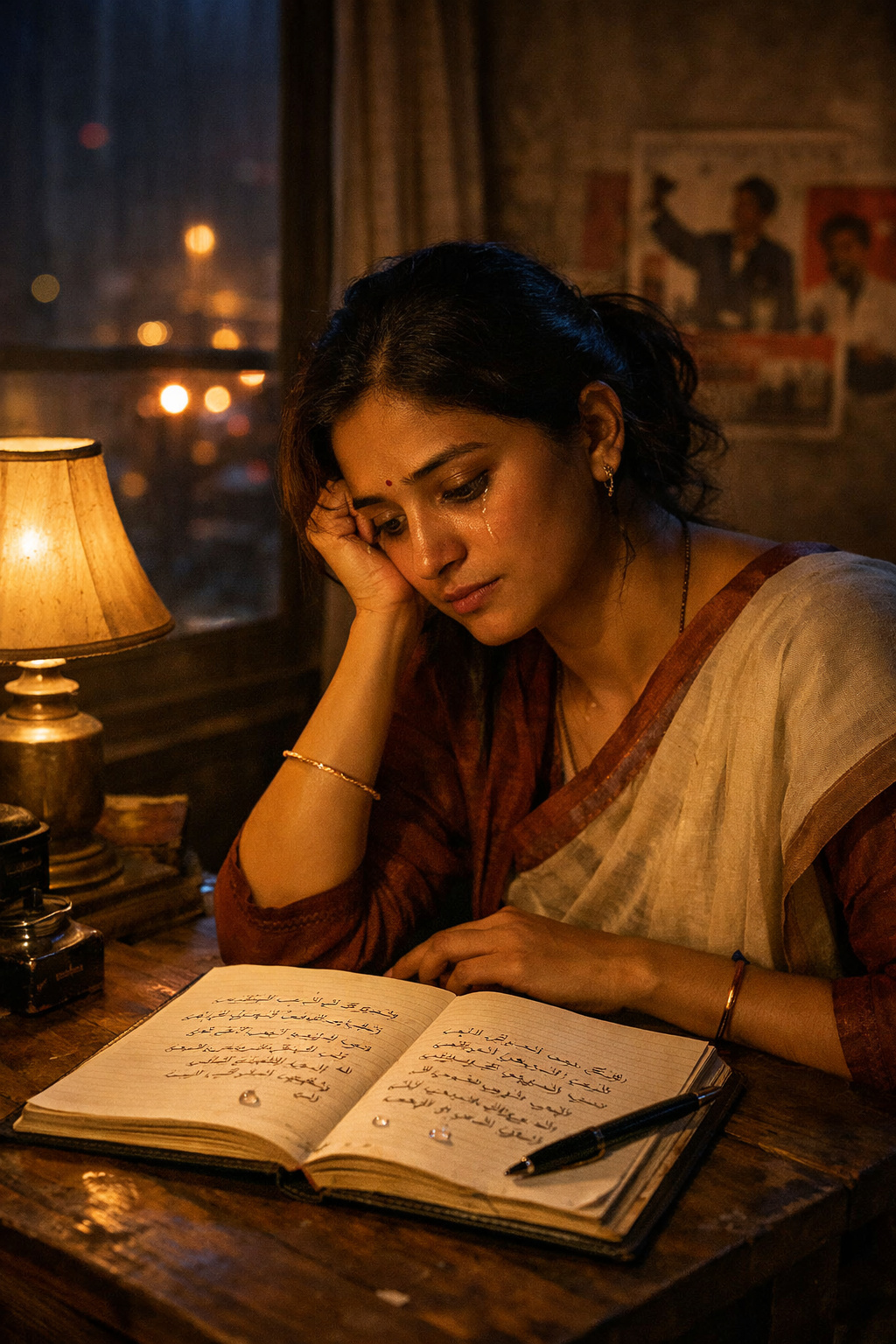 डायरी पर लिखी हिंदी ग़ज़ल के पन्नों पर गिरते आँसू, रात की हल्की रोशनी में भावुक माहौल