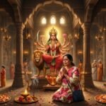 माँ दुर्गा के सामने हाथ जोड़कर प्रार्थना करती हुई भक्त, दिव्य और शांत वातावरण