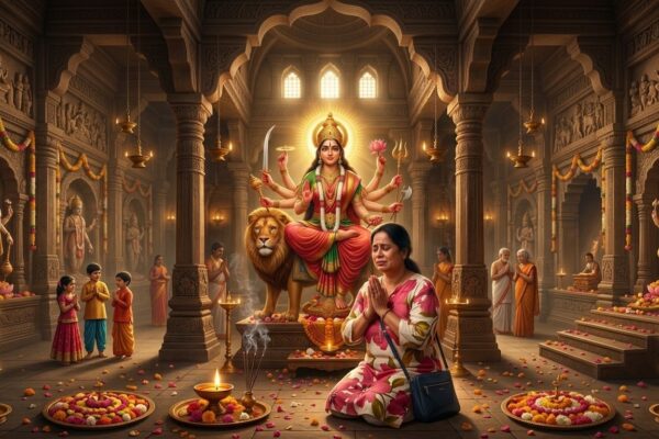 माँ दुर्गा के सामने हाथ जोड़कर प्रार्थना करती हुई भक्त, दिव्य और शांत वातावरण