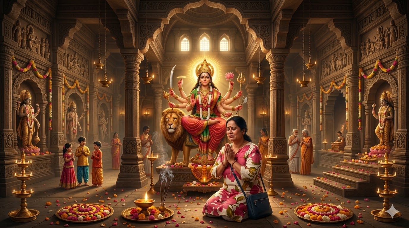 माँ दुर्गा के सामने हाथ जोड़कर प्रार्थना करती हुई भक्त, दिव्य और शांत वातावरण