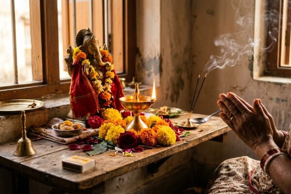 “दीपक और फूलों के साथ शांत वातावरण में की जा रही पूजा, आस्था और भक्ति का प्रतीक”