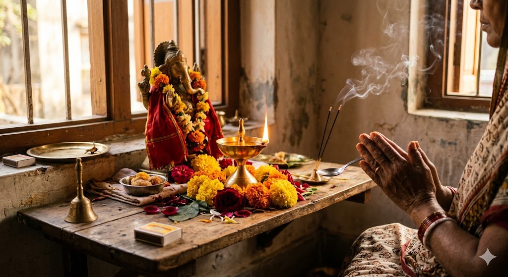 “दीपक और फूलों के साथ शांत वातावरण में की जा रही पूजा, आस्था और भक्ति का प्रतीक”