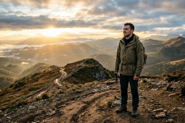 एक युवा व्यक्ति पहाड़ के रास्ते पर सूर्योदय के समय अकेला खड़ा है, उसके चेहरे पर दृढ़ निश्चय और आत्मविश्वास दिखाई दे रहा है, पीछे लंबा संघर्ष भरा रास्ता और सामने उजाला भविष्य का प्रतीक है.