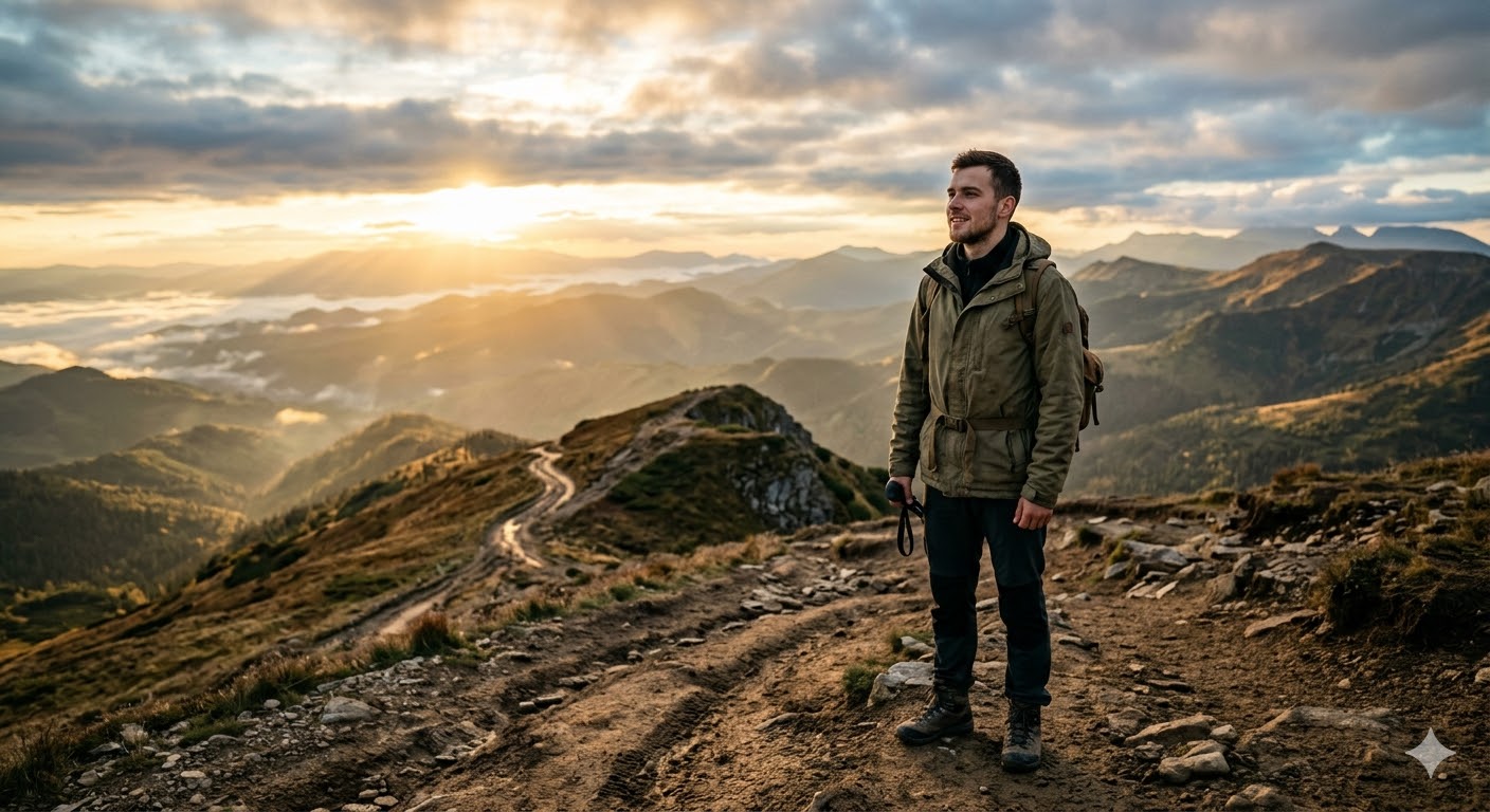 एक युवा व्यक्ति पहाड़ के रास्ते पर सूर्योदय के समय अकेला खड़ा है, उसके चेहरे पर दृढ़ निश्चय और आत्मविश्वास दिखाई दे रहा है, पीछे लंबा संघर्ष भरा रास्ता और सामने उजाला भविष्य का प्रतीक है.