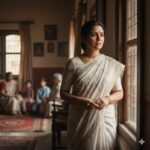 साड़ी में खड़ी एक बहू, पीछे धुंधली पारिवारिक पृष्ठभूमि, चेहरे पर मिश्रित भावनाएँ