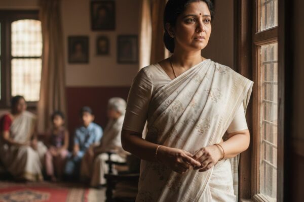 साड़ी में खड़ी एक बहू, पीछे धुंधली पारिवारिक पृष्ठभूमि, चेहरे पर मिश्रित भावनाएँ