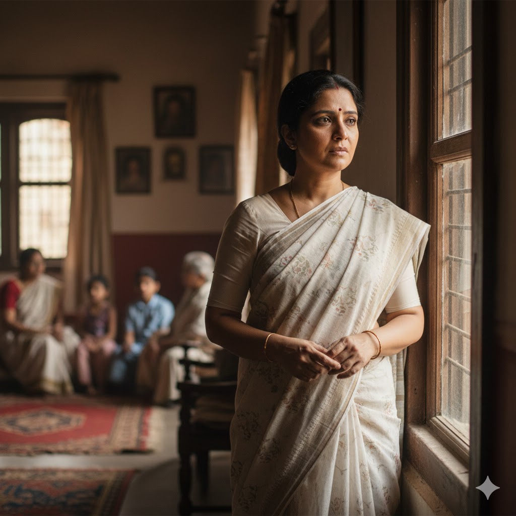 साड़ी में खड़ी एक बहू, पीछे धुंधली पारिवारिक पृष्ठभूमि, चेहरे पर मिश्रित भावनाएँ