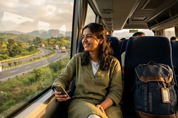 इंटरसिटी बस में यात्रा करती हुई युवा भारतीय महिला