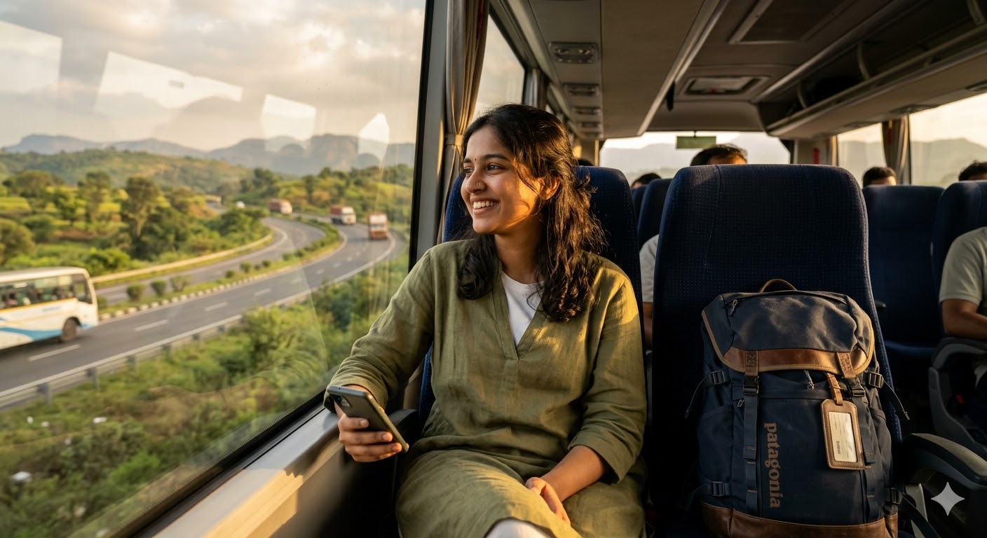 इंटरसिटी बस में यात्रा करती हुई युवा भारतीय महिला