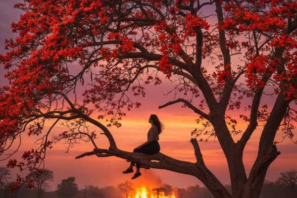 लाल टेशू के फूलों से लदे पेड़ की डाल पर बैठी एक अकेली स्त्री की परछाईं, पृष्ठभूमि में धुंधला बियाबान जंगल