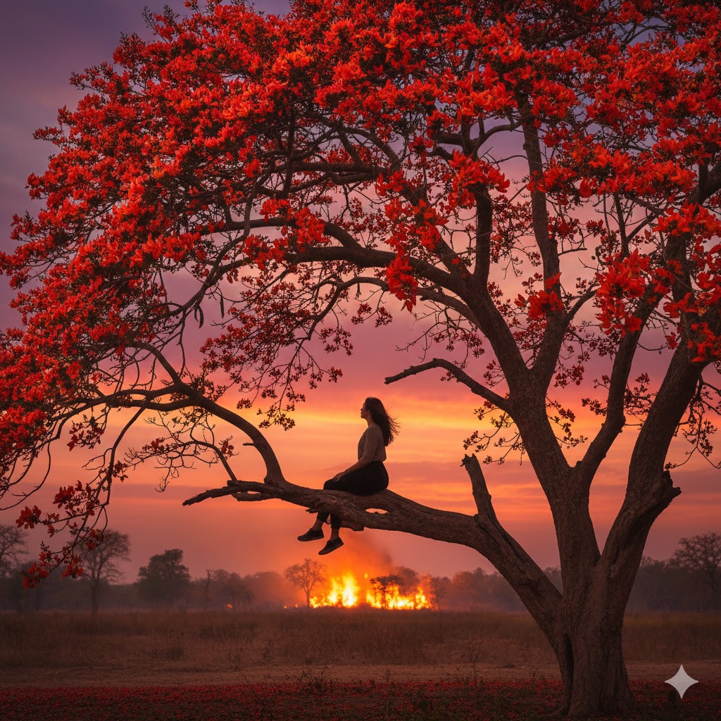लाल टेशू के फूलों से लदे पेड़ की डाल पर बैठी एक अकेली स्त्री की परछाईं, पृष्ठभूमि में धुंधला बियाबान जंगल