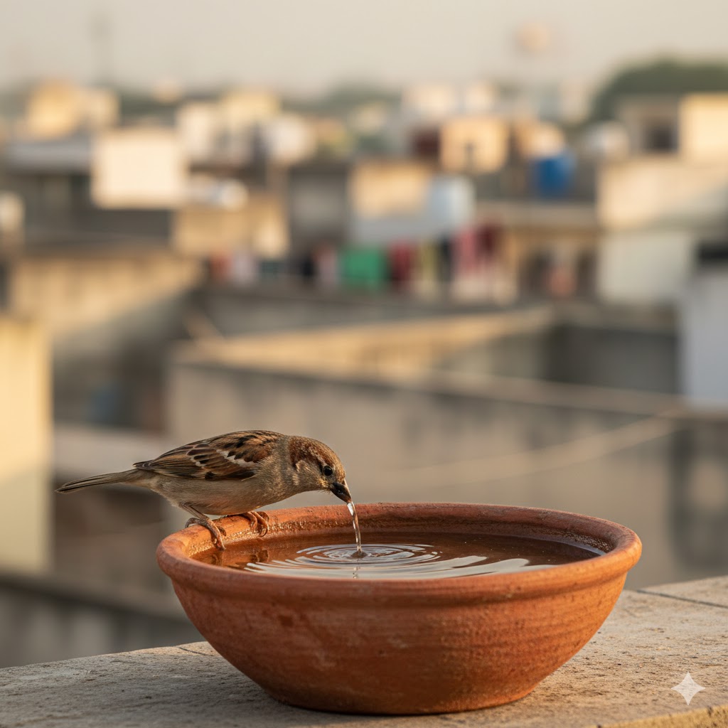 मिट्टी के पात्र में रखा पानी पीती हुई प्यास से व्याकुल छोटी चिड़िया