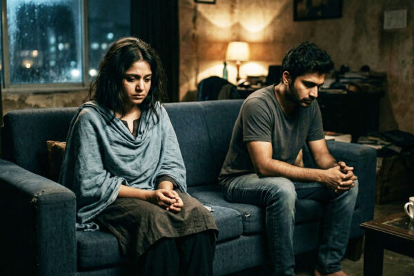 आधुनिक रिश्तों की दूरी दर्शाता उदास दंपत्ति