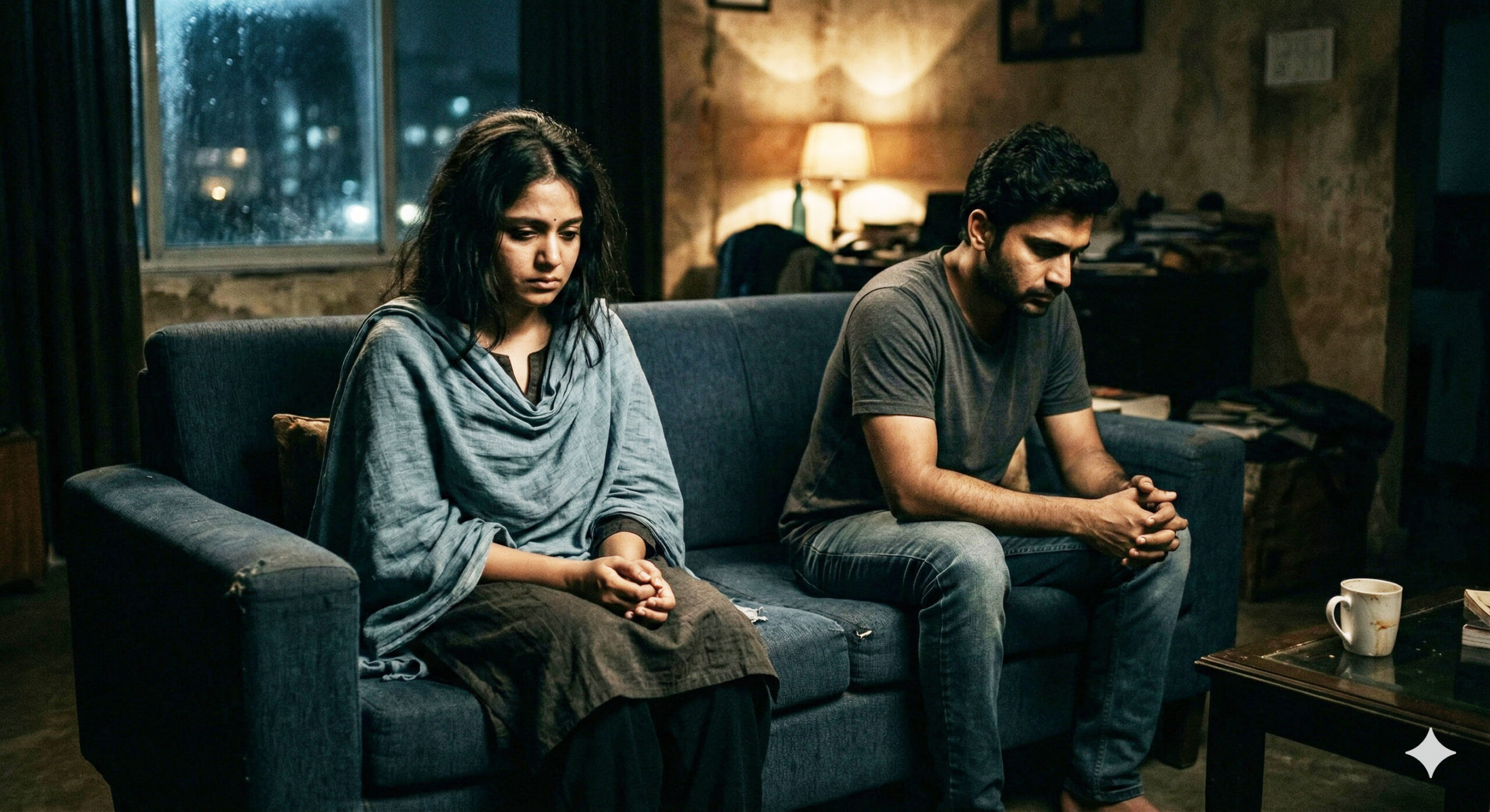 आधुनिक रिश्तों की दूरी दर्शाता उदास दंपत्ति