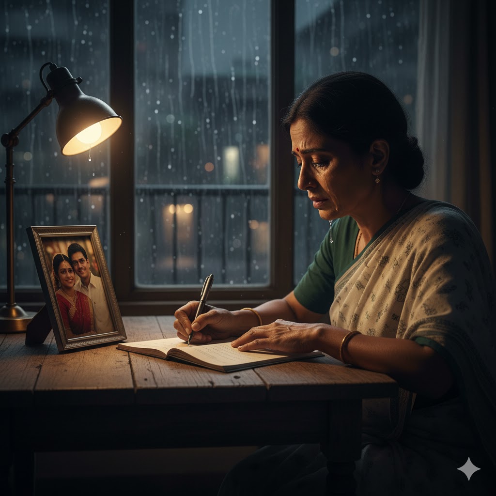 अपने पति के नाम दर्द और अधूरे प्रेम से भरा पत्र लिखती एक भारतीय स्त्री का भावुक दृश्य
