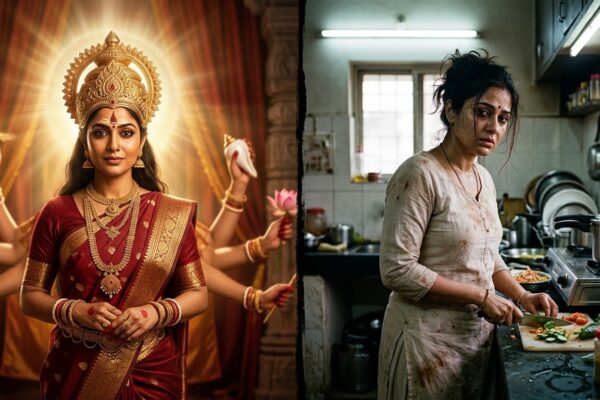 गहनों की बेड़ियों में बंधी हुई एक महिला, जो समाज में नारी की स्थिति और संघर्ष को दर्शाती है