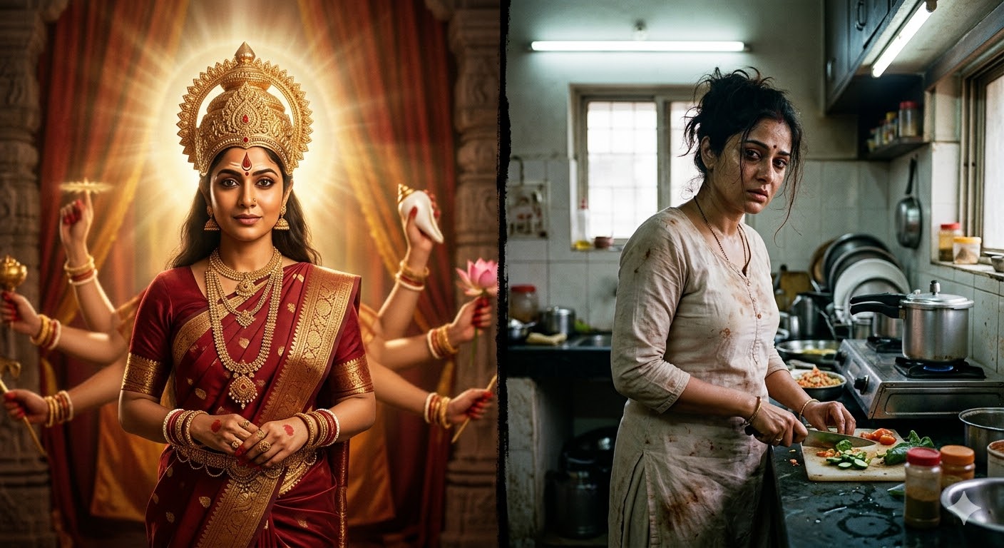 गहनों की बेड़ियों में बंधी हुई एक महिला, जो समाज में नारी की स्थिति और संघर्ष को दर्शाती है