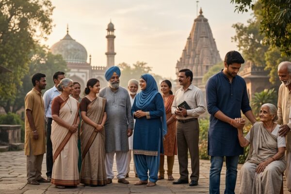 विभिन्न धर्मों के लोग एक साथ खड़े, मानवता और एकता का प्रतीक दृश्य