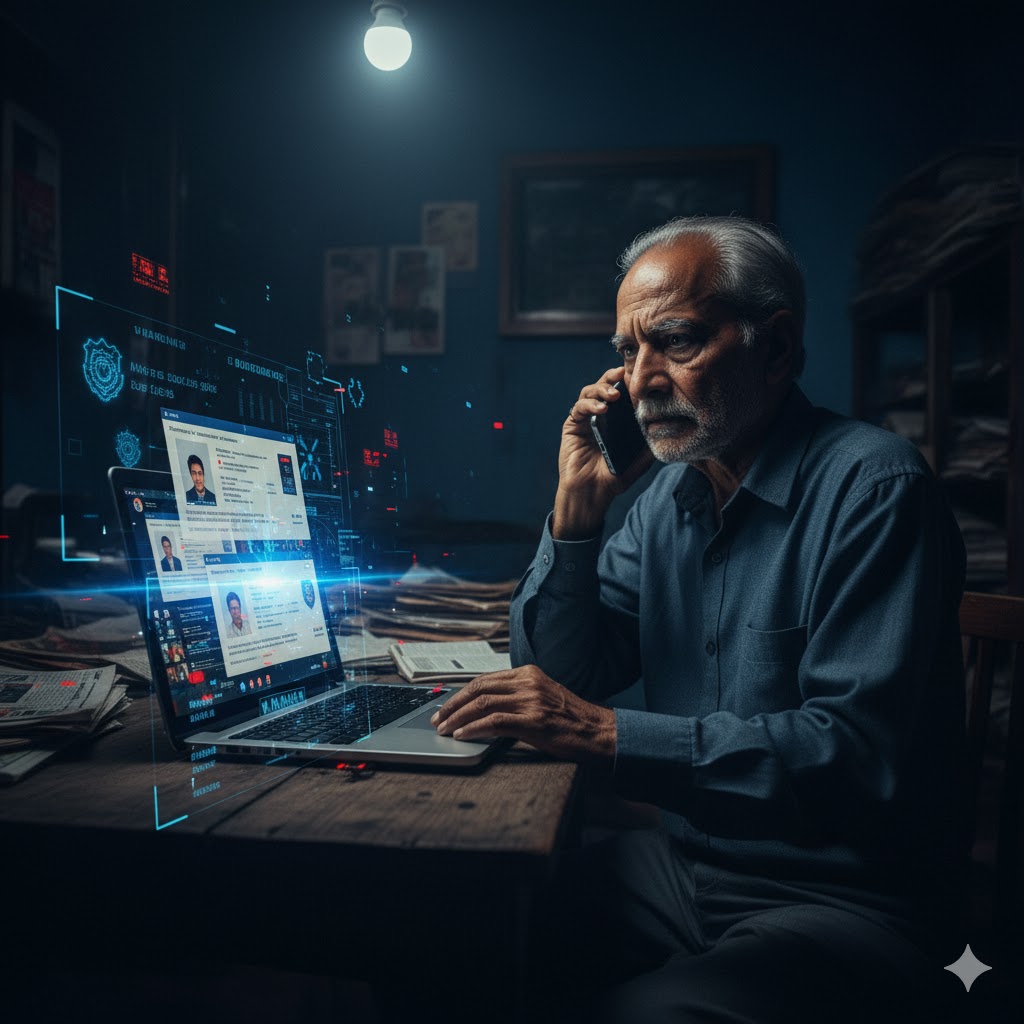 पुणे में डिजिटल अरेस्ट साइबर ठगी का शिकार बने वरिष्ठ नागरिक का प्रतीकात्मक दृश्य