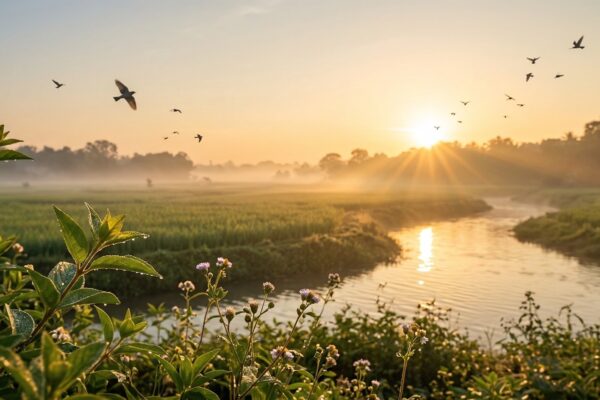 सूर्योदय का शांत और ऊर्जा से भरा प्राकृतिक दृश्य