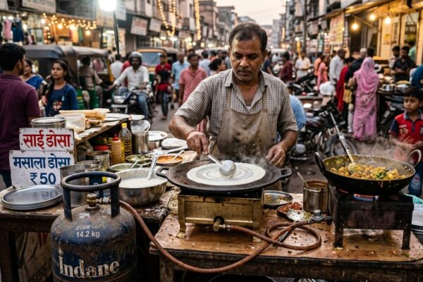 Street food vendor cooking on stove with limited gas cylinder amid LPG crisis in India