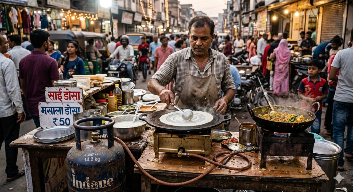 Street food vendor cooking on stove with limited gas cylinder amid LPG crisis in India