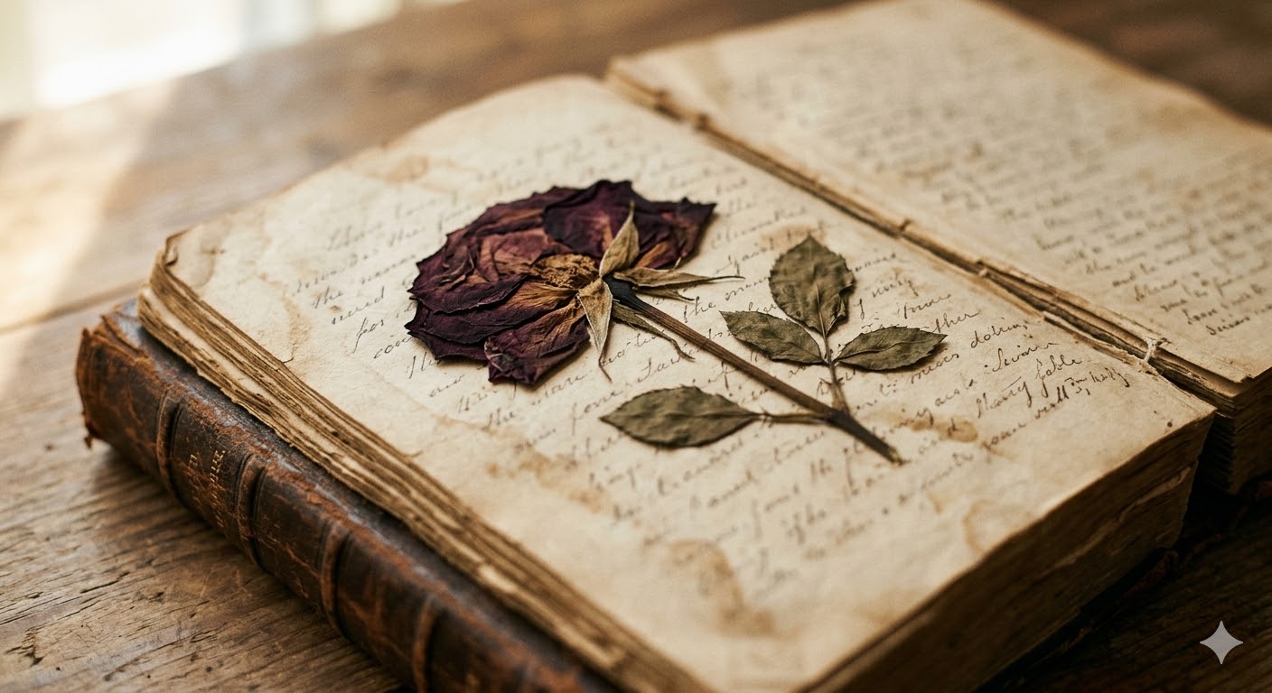 किताब में रखा सूखा गुलाब प्रेम की यादों का प्रतीक