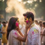 होली के रंगों में सराबोर दंपति, हवा में उड़ता गुलाल और पृष्ठभूमि में सुनहरी फागुन की रोशनी
