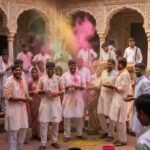 होली के अवसर पर रंगों से खेलते लोग, गुलाल और अबीर उड़ाते हुए, आत्मीयता और प्रेम का दृश्य