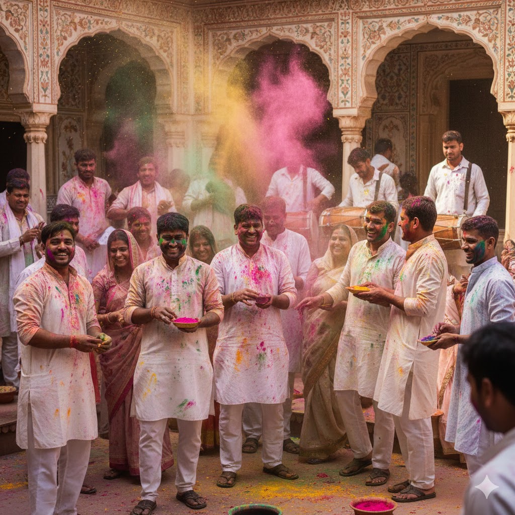 होली के अवसर पर रंगों से खेलते लोग, गुलाल और अबीर उड़ाते हुए, आत्मीयता और प्रेम का दृश्य
