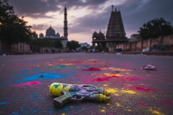 विश्व में हिंसा और होली के विरोधाभास को दर्शाता प्रतीकात्मक दृश्य