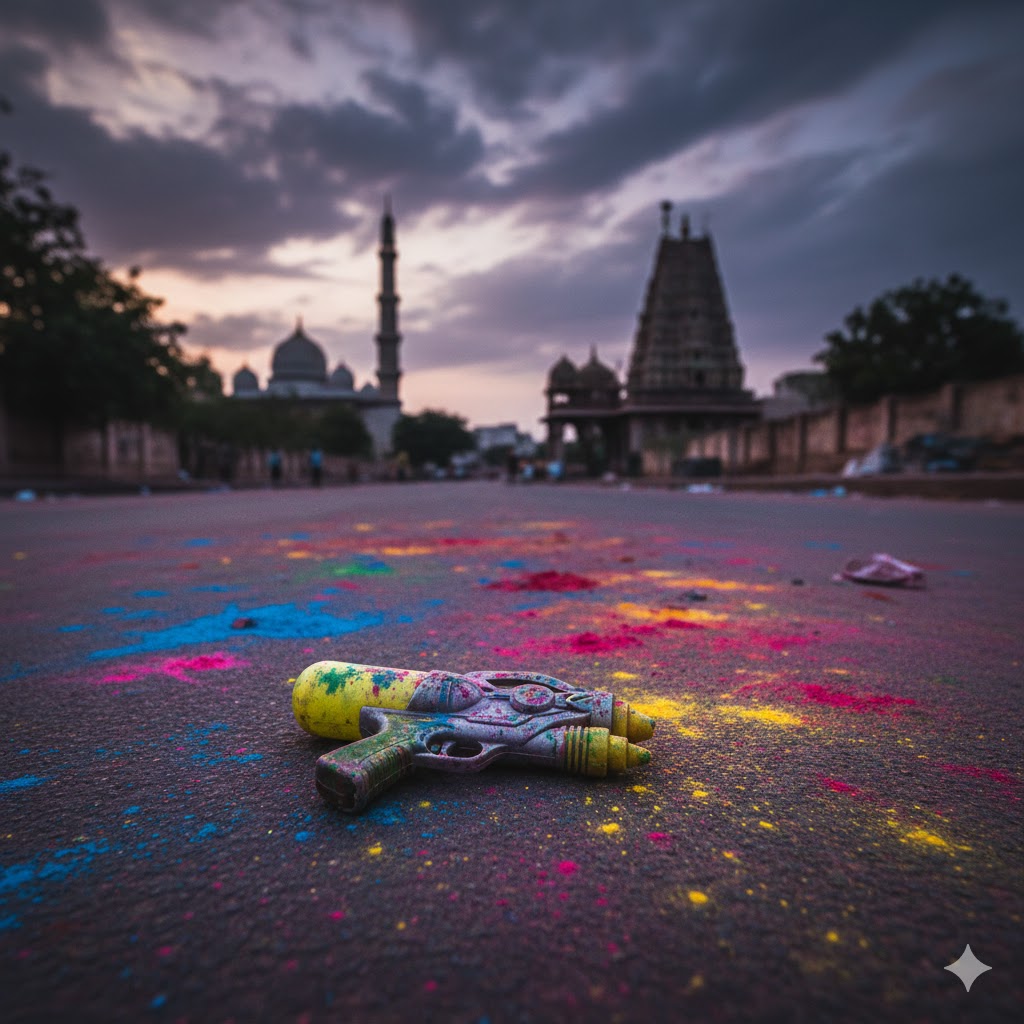 विश्व में हिंसा और होली के विरोधाभास को दर्शाता प्रतीकात्मक दृश्य