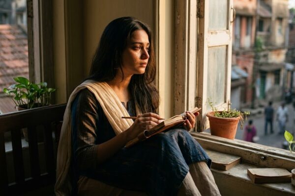 अकेली महिला की उदास अभिव्यक्ति – हिज्र और दर्द को दर्शाती हिंदी ग़ज़ल इमेज