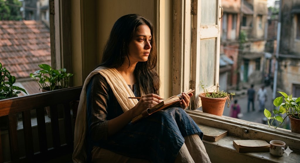 अकेली महिला की उदास अभिव्यक्ति – हिज्र और दर्द को दर्शाती हिंदी ग़ज़ल इमेज