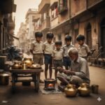 गली में हाथ-ठेला लगाए कलई वाला, भट्टी के पास रखे पीतल के बर्तन और आसपास खड़े उत्सुक बच्चे