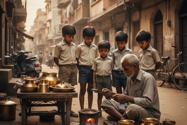 गली में हाथ-ठेला लगाए कलई वाला, भट्टी के पास रखे पीतल के बर्तन और आसपास खड़े उत्सुक बच्चे